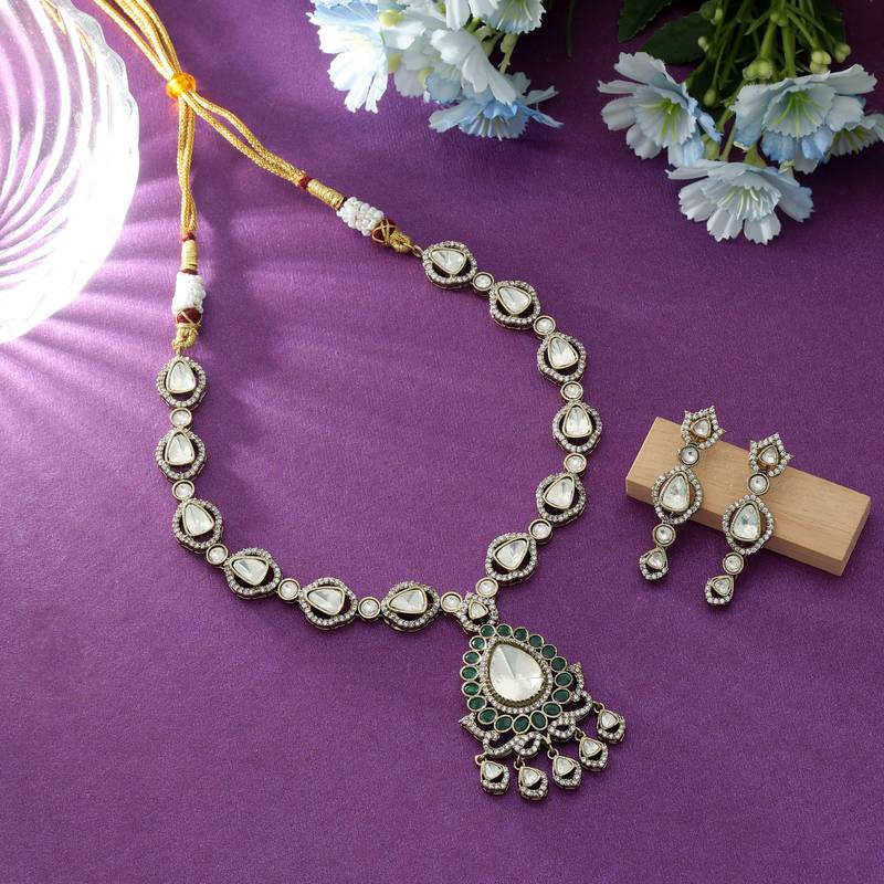 Green color american diamond necklace set