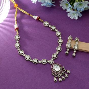 silver color american diamond necklace set with earrings 1