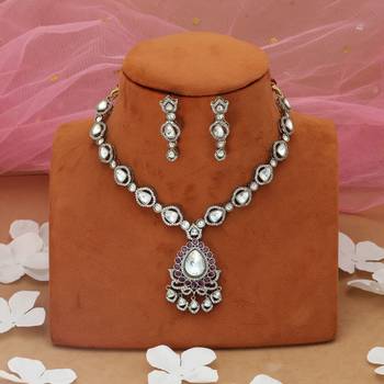 silver color american diamond necklace set with earrings 2