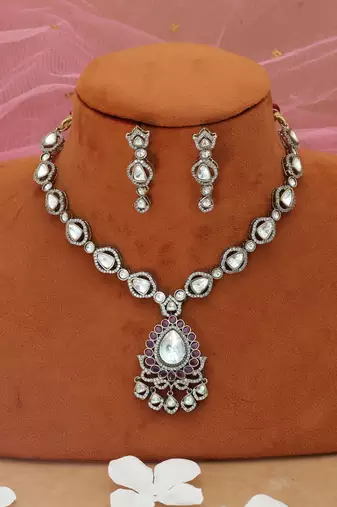 silver color american diamond necklace set with earrings