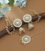 white color kundan sunflower design earrings and maang tikka set