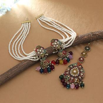 multicolor kundan earrings and maang tikka set 1