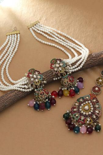Multi color kundan earrings tikka set