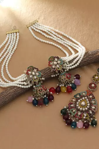 Multi color kundan earrings tikka set