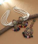 multicolor kundan earrings and maang tikka set