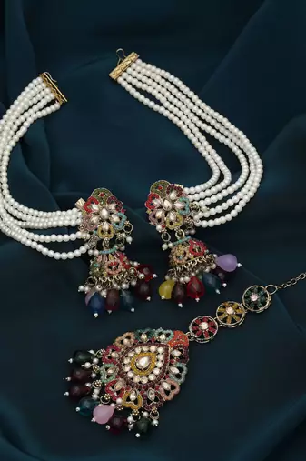 Multi color kundan earrings tikka set