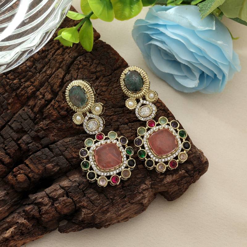 Peach color american diamond earrings