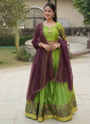 Parrot-green Color Silver-Golden Zari Weaving Work Silk Lehenga Choli With Unstitched Blouse 1