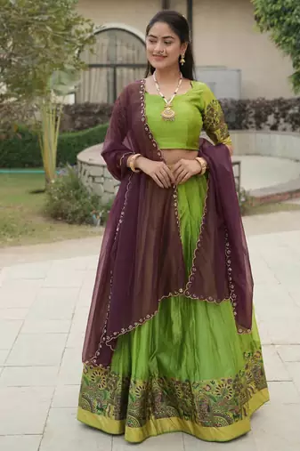 Parrot-green Color Silver-Golden Zari Weaving Work Silk Lehenga Choli With Unstitched Blouse