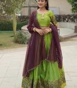 Parrot-green Color Silver-Golden Zari Weaving Work Silk Lehenga Choli With Unstitched Blouse