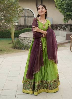 Parrot-green Color Silver-Golden Zari Weaving Work Silk Lehenga Choli With Unstitched Blouse 2