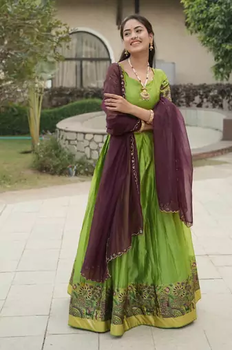 Parrot-green Color Silver-Golden Zari Weaving Work Silk Lehenga Choli With Unstitched Blouse