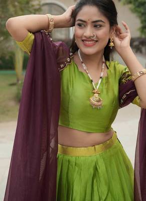 Parrot-green Color Silver-Golden Zari Weaving Work Silk Lehenga Choli With Unstitched Blouse 4