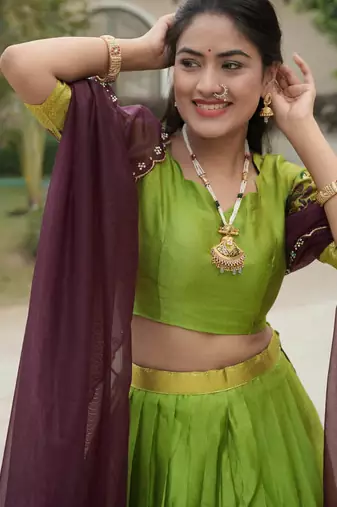 Parrot-green Color Silver-Golden Zari Weaving Work Silk Lehenga Choli With Unstitched Blouse