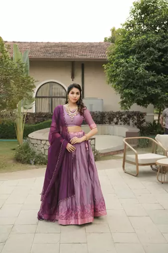 Wine Color Silver-Golden Zari Weaving Work Silk Lehenga Choli With Unstitched Blouse