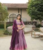 Wine Color Silver-Golden Zari Weaving Work Silk Lehenga Choli With Unstitched Blouse