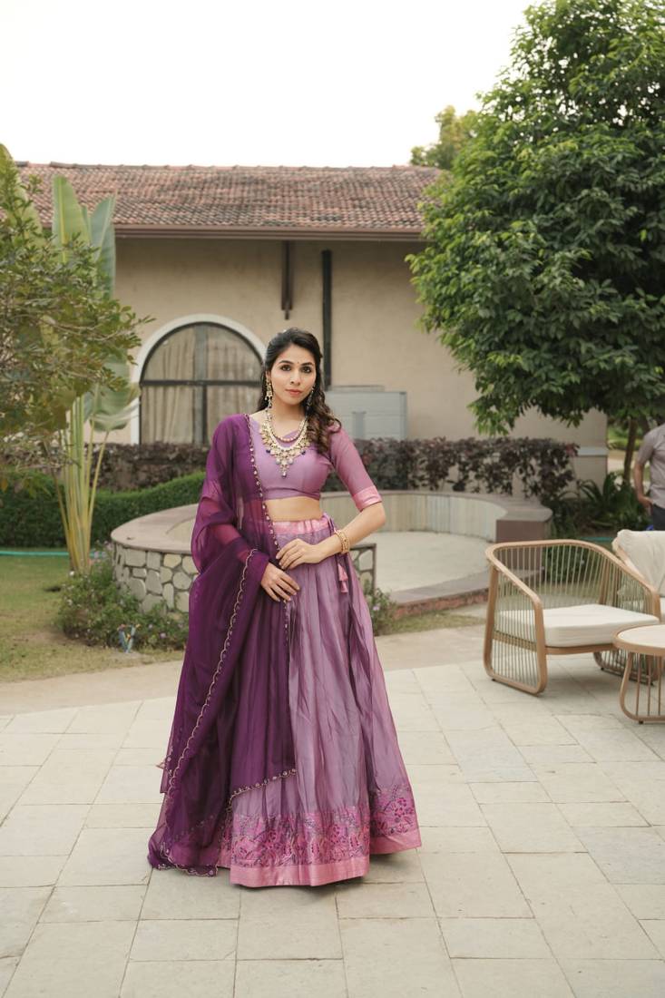 Wine Color Silver-Golden Zari Weaving Work Silk Lehenga Choli With Unstitched Blouse