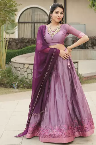 Wine Color Silver-Golden Zari Weaving Work Silk Lehenga Choli With Unstitched Blouse