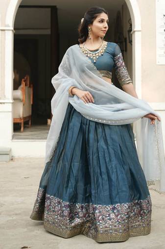 Rama Color Silver-Golden Zari Weaving Work Silk Lehenga Choli With Unstitched Blouse