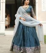 Rama Color Silver-Golden Zari Weaving Work Silk Lehenga Choli With Unstitched Blouse