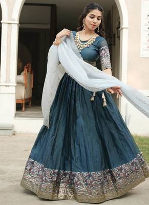 Rama Color Silver-Golden Zari Weaving Work Silk Lehenga Choli With Unstitched Blouse 2