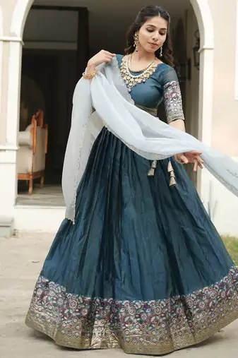 Rama Color Silver-Golden Zari Weaving Work Silk Lehenga Choli With Unstitched Blouse