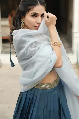 Rama Color Silver-Golden Zari Weaving Work Silk Lehenga Choli With Unstitched Blouse
