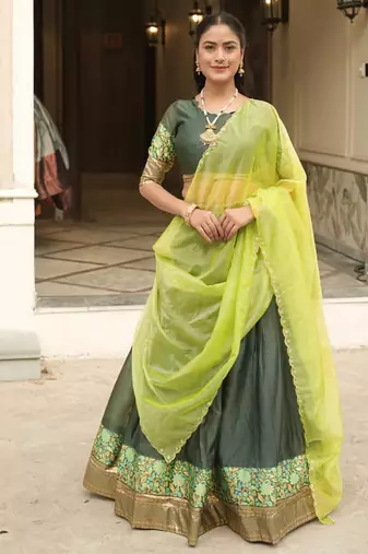 Green Color Silver-Golden Zari Weaving Work Silk Lehenga Choli With Unstitched Blouse