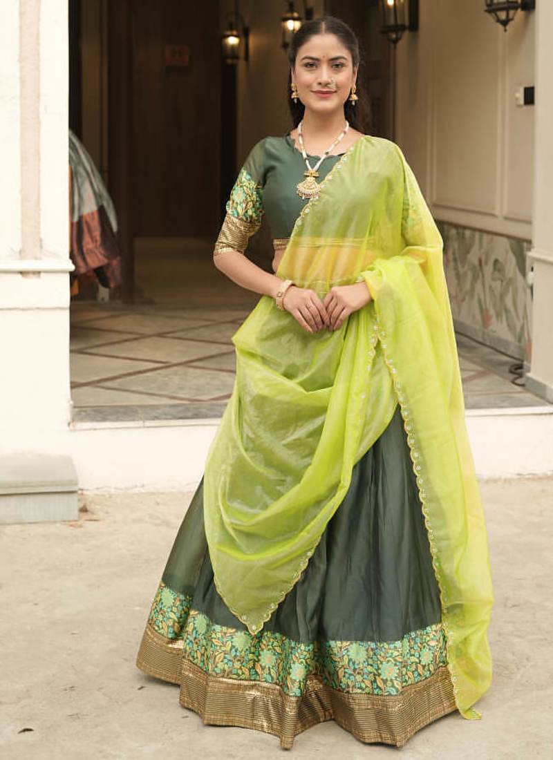 Green Color Silver-Golden Zari Weaving Work Silk Lehenga Choli With Unstitched Blouse