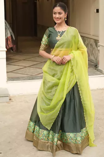 Green Color Silver-Golden Zari Weaving Work Silk Lehenga Choli With Unstitched Blouse