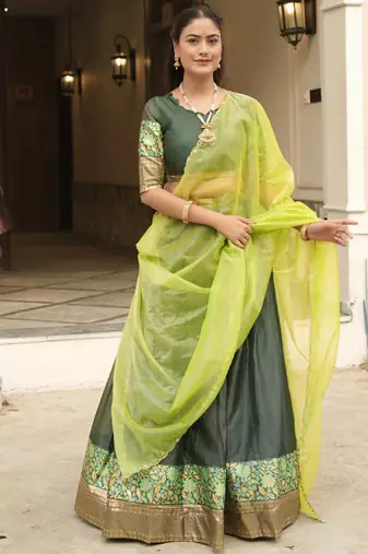 Green Color Silver-Golden Zari Weaving Work Silk Lehenga Choli With Unstitched Blouse