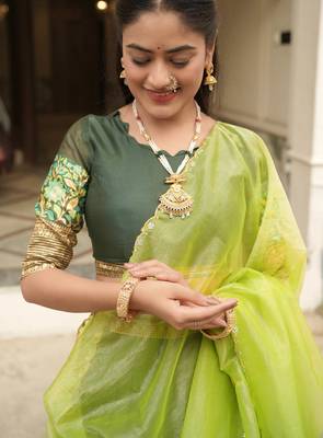 Green Color Silver-Golden Zari Weaving Work Silk Lehenga Choli With Unstitched Blouse 4