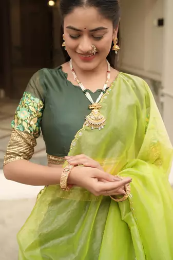 Green Color Silver-Golden Zari Weaving Work Silk Lehenga Choli With Unstitched Blouse