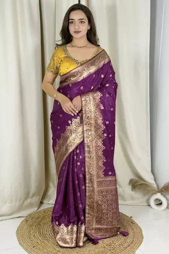 Purple banarasi satin silk zari weaving saree with embroiderd blouse piece