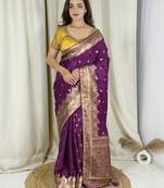 Purple banarasi satin silk zari weaving saree with embroiderd blouse piece