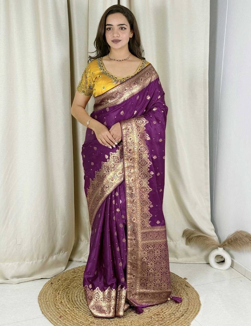 Purple banarasi satin silk zari weaving saree with embroiderd blouse piece