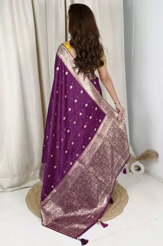 Purple banarasi satin silk zari weaving saree with embroiderd blouse piece