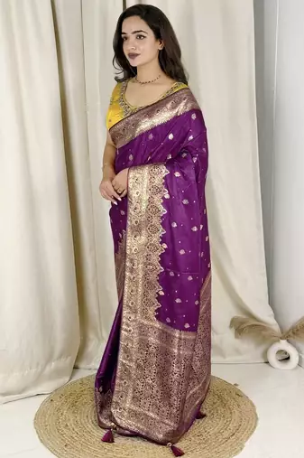 Purple banarasi satin silk zari weaving saree with embroiderd blouse piece
