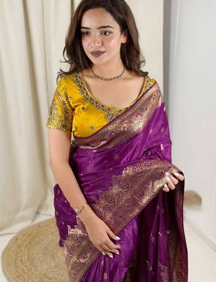 Purple banarasi satin silk zari weaving saree with embroiderd blouse piece 4