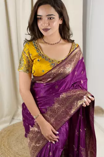Purple banarasi satin silk zari weaving saree with embroiderd blouse piece