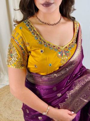 Purple banarasi satin silk zari weaving saree with embroiderd blouse piece 5