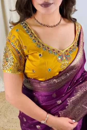 Purple banarasi satin silk zari weaving saree with embroiderd blouse piece