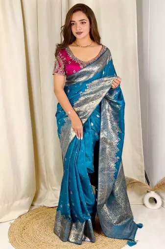 Teal banarasi satin silk zari weaving saree with embroiderd blouse piece