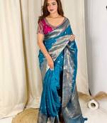 Teal banarasi satin silk zari weaving saree with embroiderd blouse piece