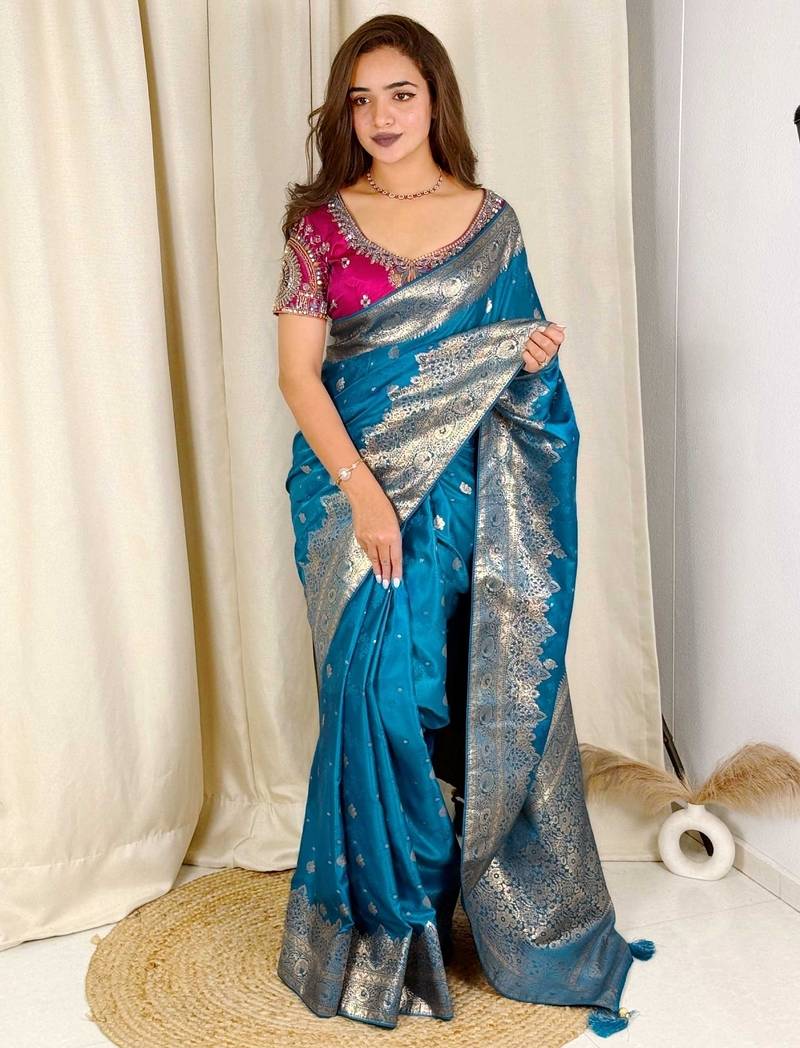 Teal banarasi satin silk zari weaving saree with embroiderd blouse piece