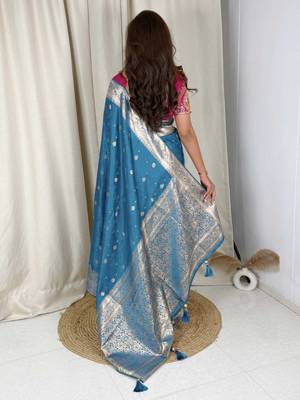 Teal banarasi satin silk zari weaving saree with embroiderd blouse piece 2