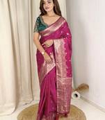 Magenta banarasi satin silk zari weaving saree with embroiderd blouse piece