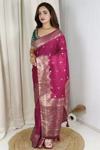 Magenta banarasi satin silk zari weaving saree with embroiderd blouse piece