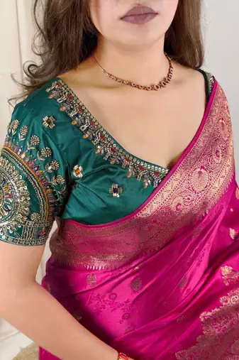 Magenta banarasi satin silk zari weaving saree with embroiderd blouse piece