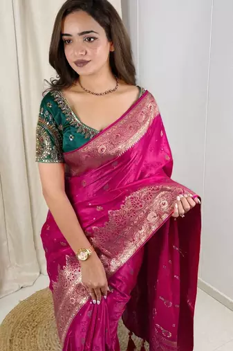 Magenta banarasi satin silk zari weaving saree with embroiderd blouse piece